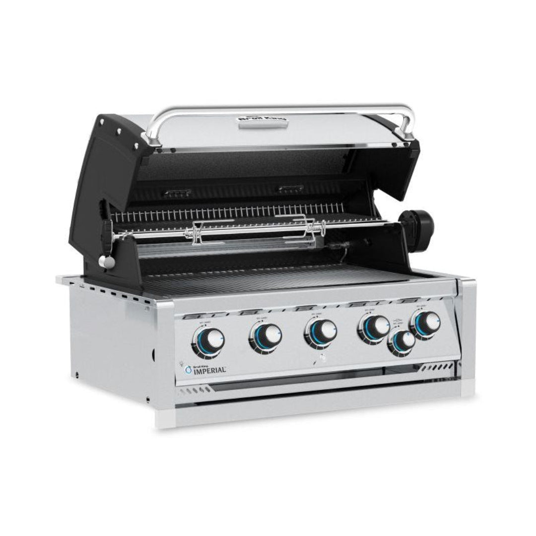 Built-in gas grill, Broil King, Imperial series, open hood 5-burner design with rotisserie kit and illuminated knobs.