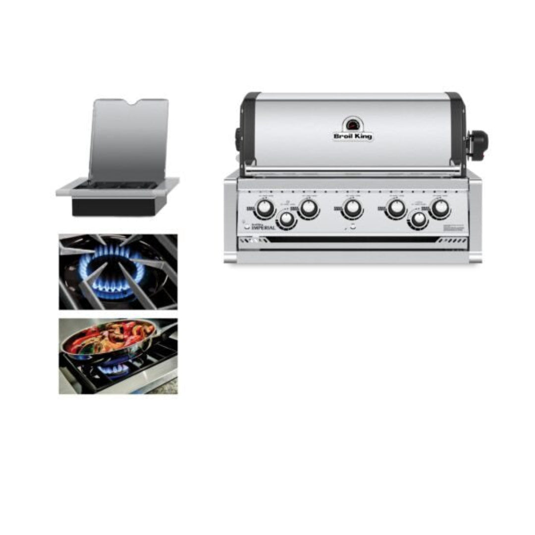 Built-in gas grill, Broil King, Imperial series, stainless steel with side burner and 5-burner control panel for outdoor cooking.