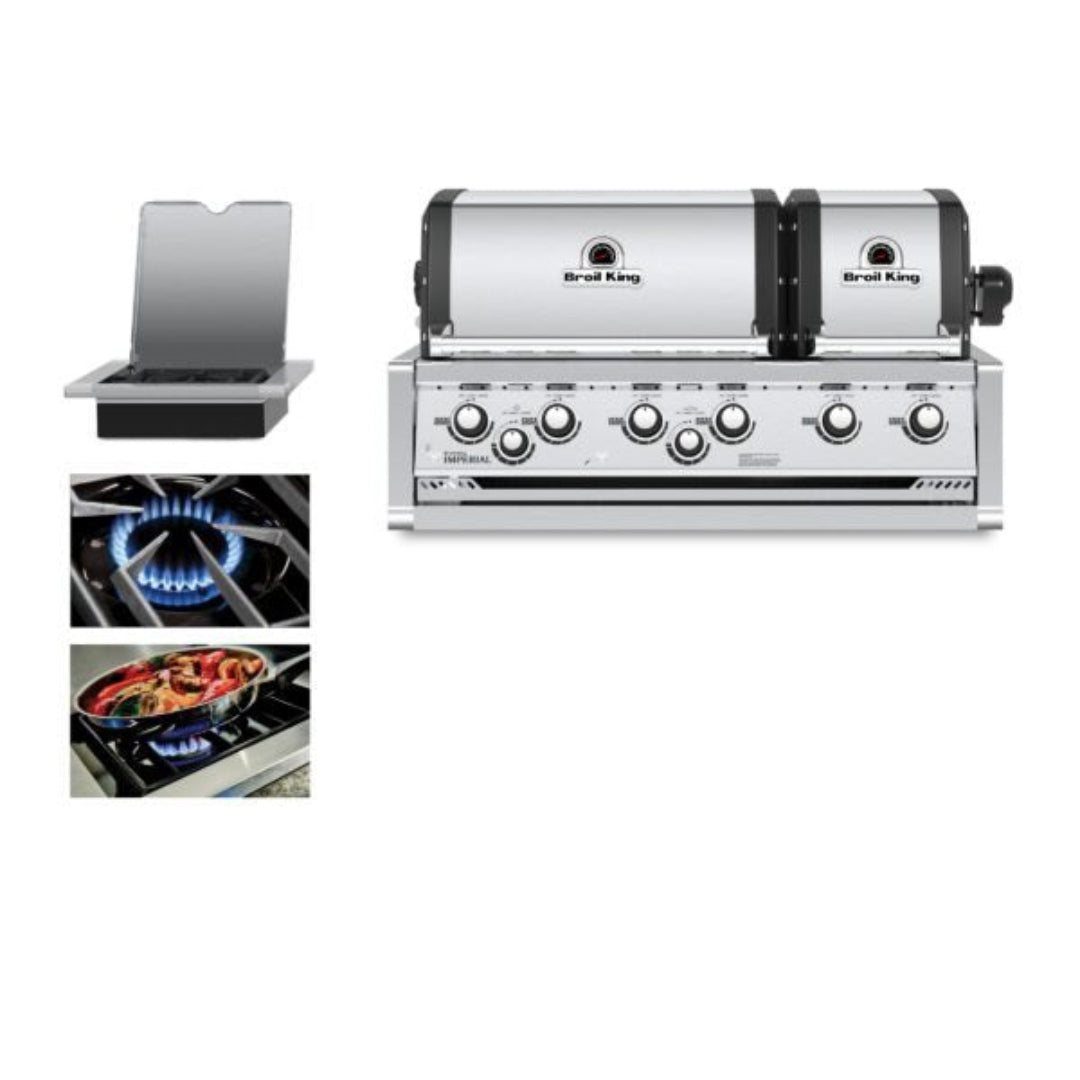 Built-in gas grill, Broil King, Imperial series, dual-lid 6-burner with side burner and sauté feature shown in use.