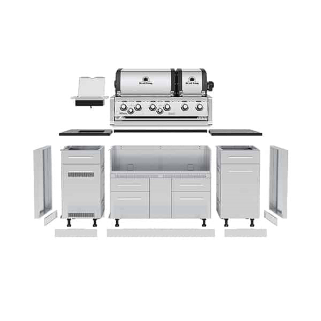 Imperial S 690i 6-burner built-in stainless steel gas grill with modular outdoor kitchen island cabinet kit, drawers, side burner and black countertop panels, exploded assembly view