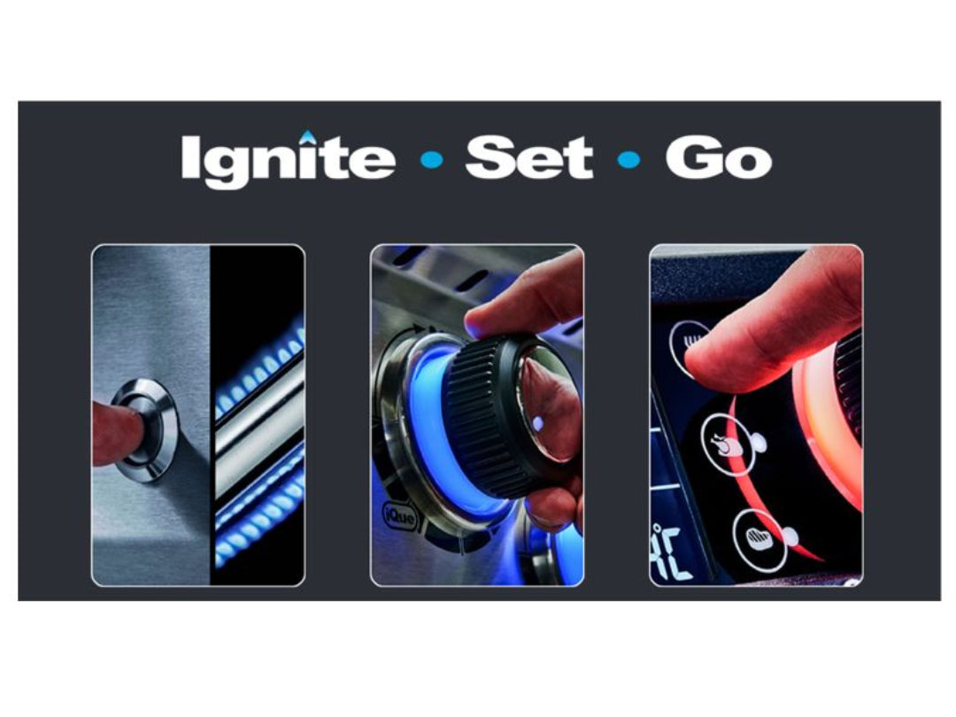 iQue LED-illuminated control knob and push-button electronic ignition for built-in stainless steel outdoor gas grills, showing blue ring lighting and red backlit temperature icons — Vine & Flame