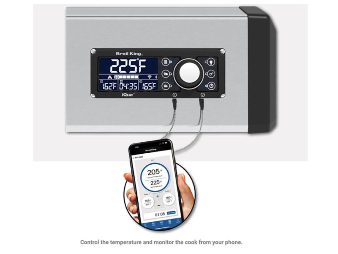 Broil King iQue digital grill temperature controller with dual-probe meat thermometers and smartphone app for remote BBQ and smoker monitoring