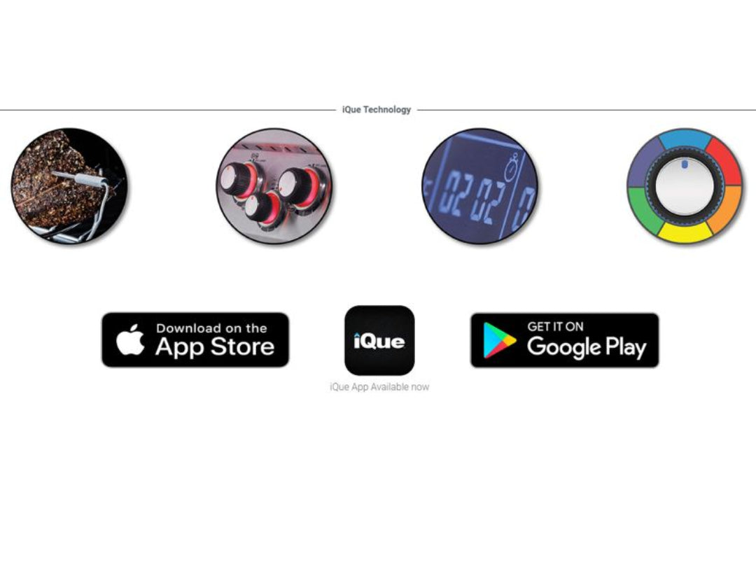 iQue smart meat thermometer app icons: probe temperature sensor, grill control knobs, digital timer, color dial and App Store/Google Play badges