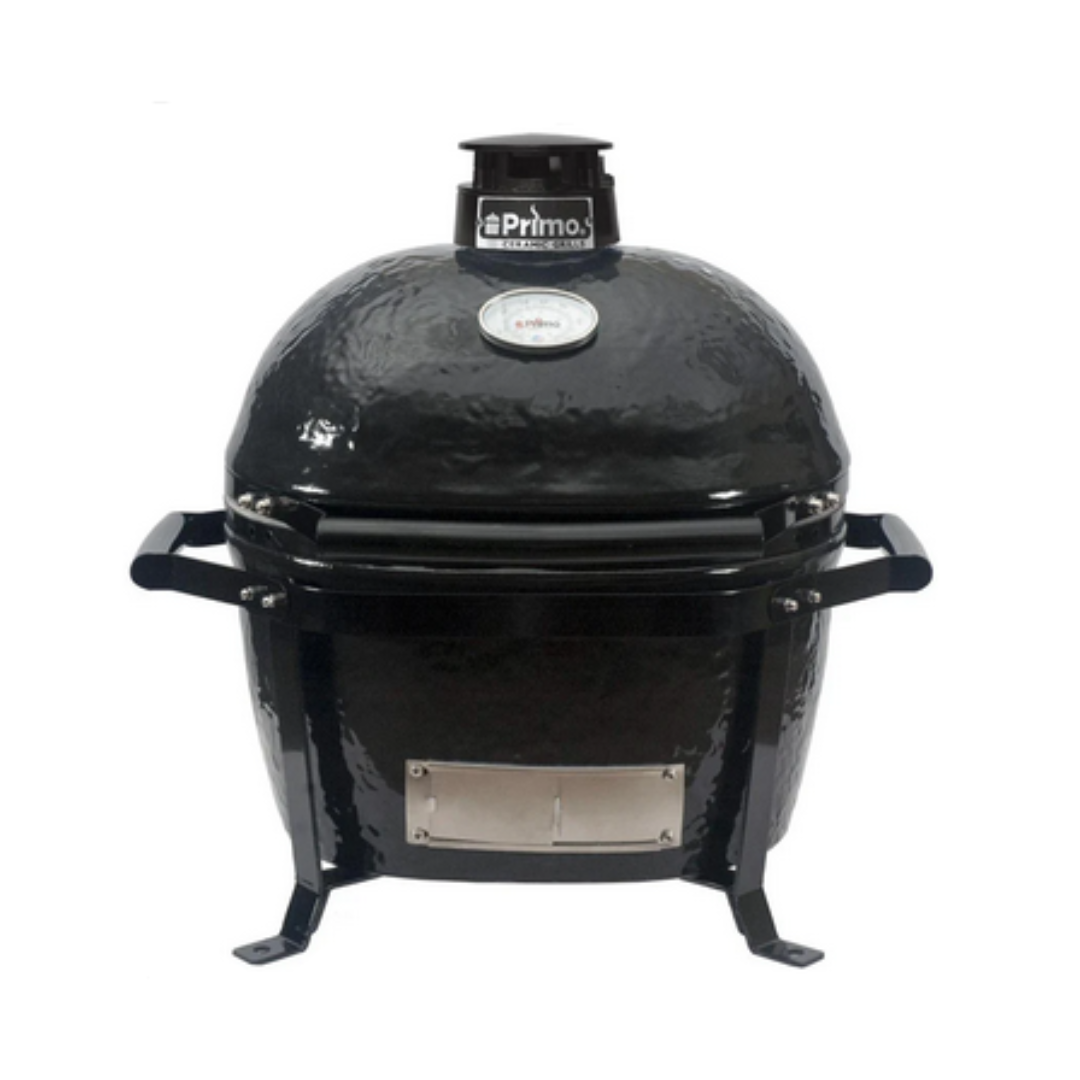 Primo Junior kamado grill on Go Cradle stand, black ceramic portable tabletop charcoal smoker for tailgating, camping and small-space backyard grilling