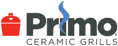 Primo Ceramic Grills logo — red kamado ceramic grill icon with blue flame integrated into Primo wordmark, logo for Primo Kamado ceramic grills and accessories