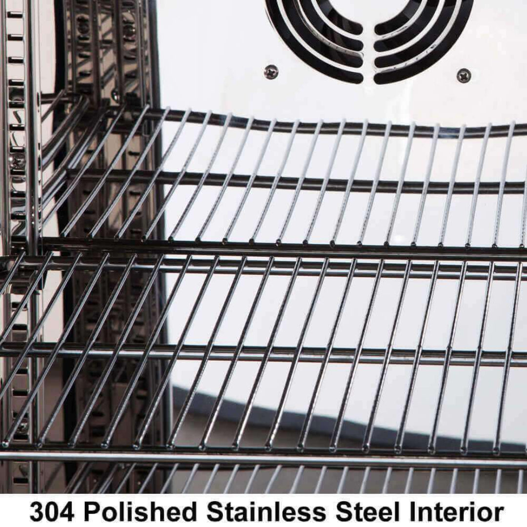 KingsBottle beverage cooler interior with 304 polished stainless steel, adjustable chrome wire shelves and rear circulation fan for wine and beverage storage