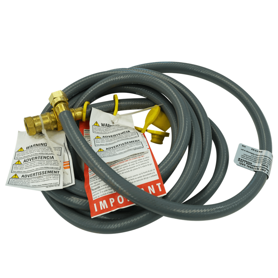 Vine & Flame replacement LP gas quick-disconnect hose kit for outdoor patio fire pits and grills, flexible gray hose with brass quick-connect fittings, yellow dust cap and warning tags