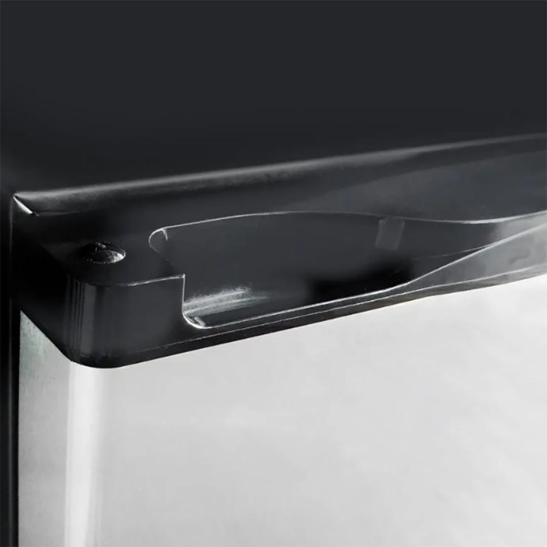 Black snap-open poster frame corner with clear protective cover, mounting screw and snap clip — replacement wall-mounted display frame component