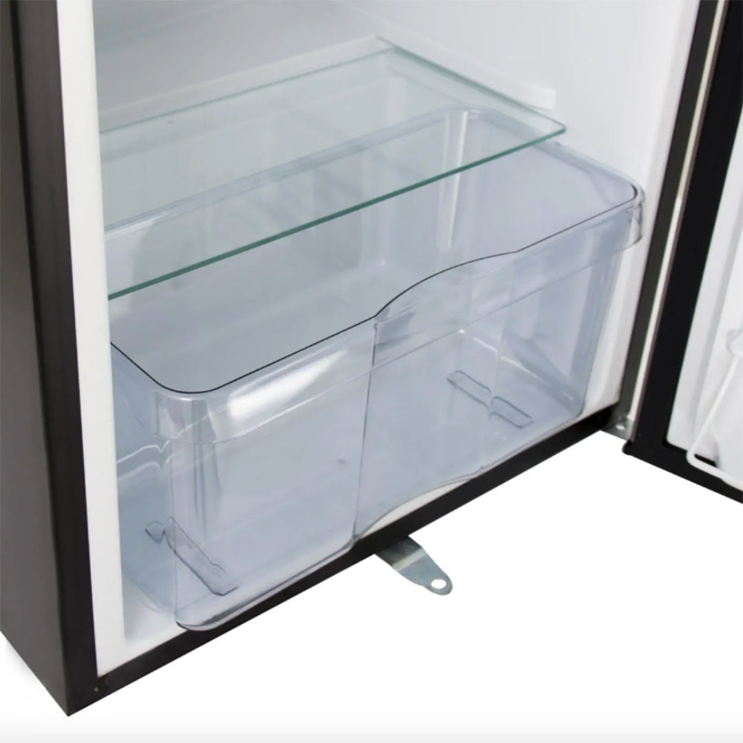 compact beverage cooler interior with clear removable bottom crisper drawer under tempered glass shelf