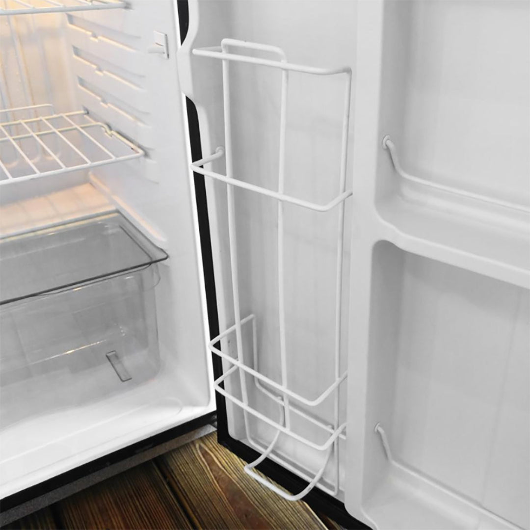 White wire refrigerator door bottle rack for mini fridge — replacement door-mounted wine and beverage bottle holder for compact and dorm refrigerators