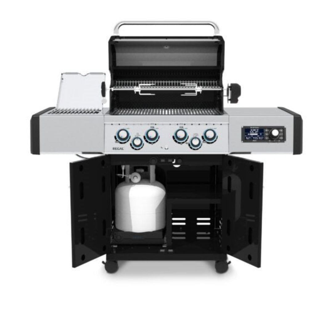 Regal Q 490 Pro2 5-burner stainless steel propane gas grill with side burner, digital control panel, warming rack and open cart cabinet showing LP tank