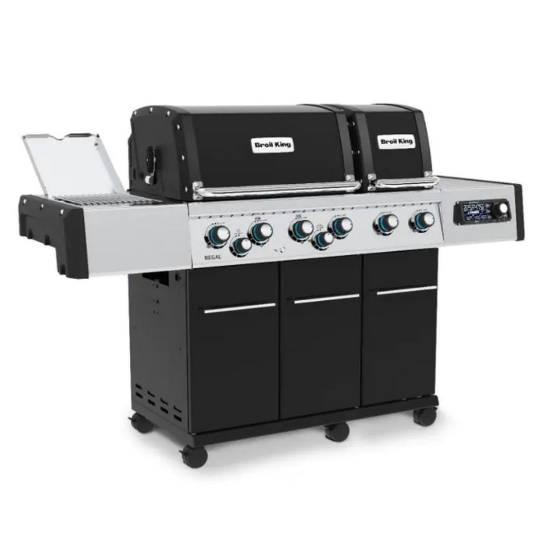 Broil King Regal Q 690 Pro IR 6-burner propane gas grill with infrared rear rotisserie and side sear burner, stainless steel control panel, dual hoods and 3-door black cart on casters