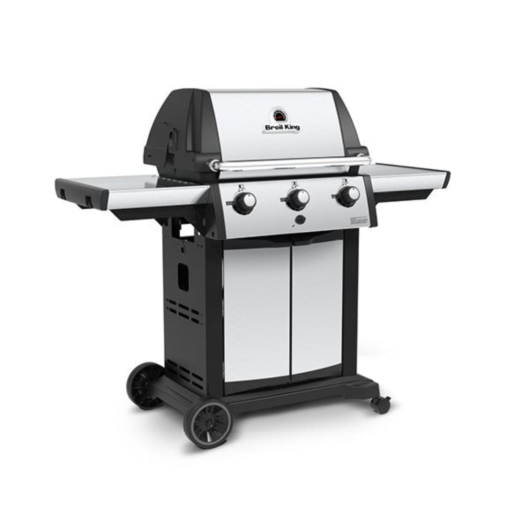 Gas grill, Broil King, Signet series, stainless steel front panel, closed lid, side shelves, cart with doors
