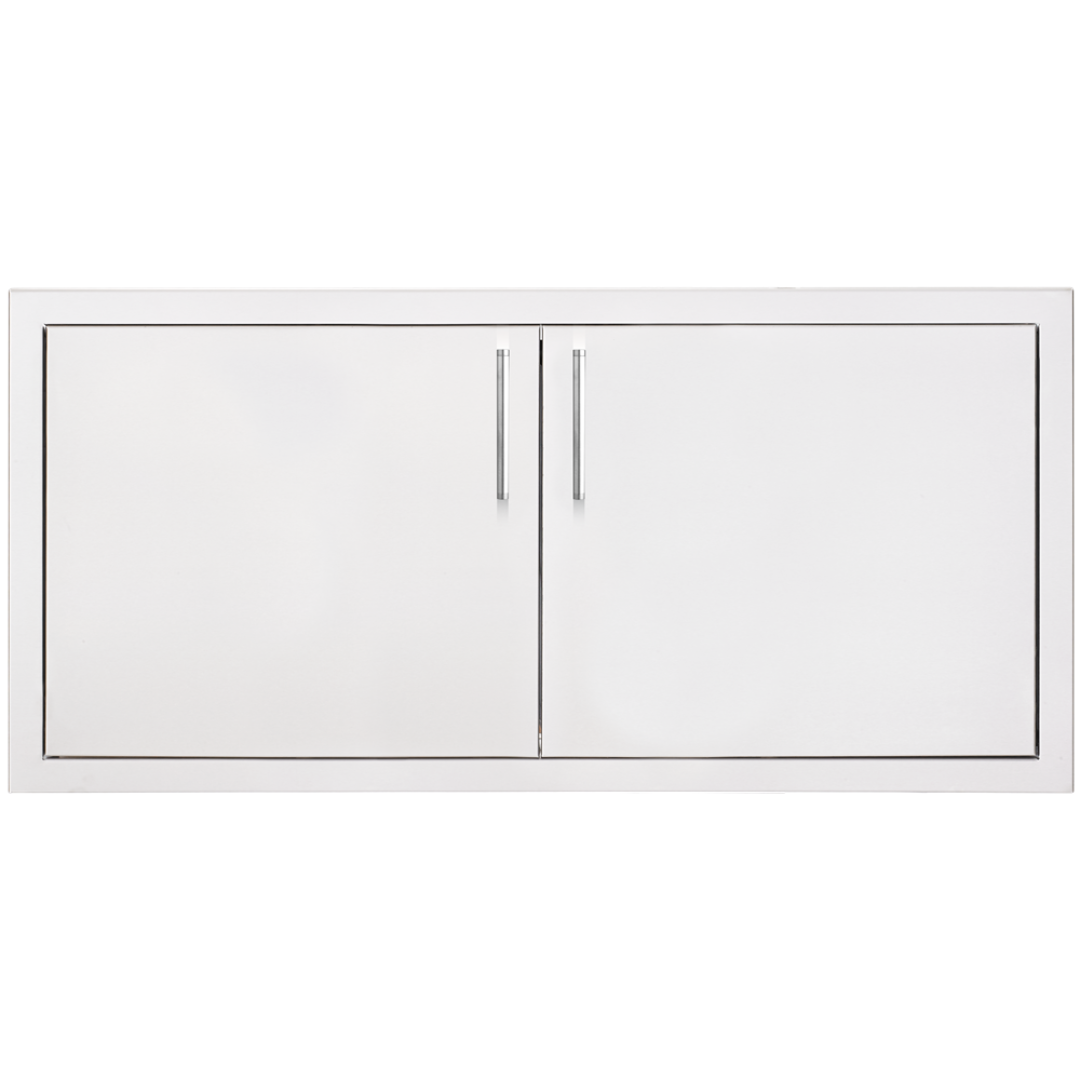 Trueflame DP-36AC 36-inch double access door white powder-coated outdoor kitchen cabinet access panel with vertical stainless handles for built-in grill island storage