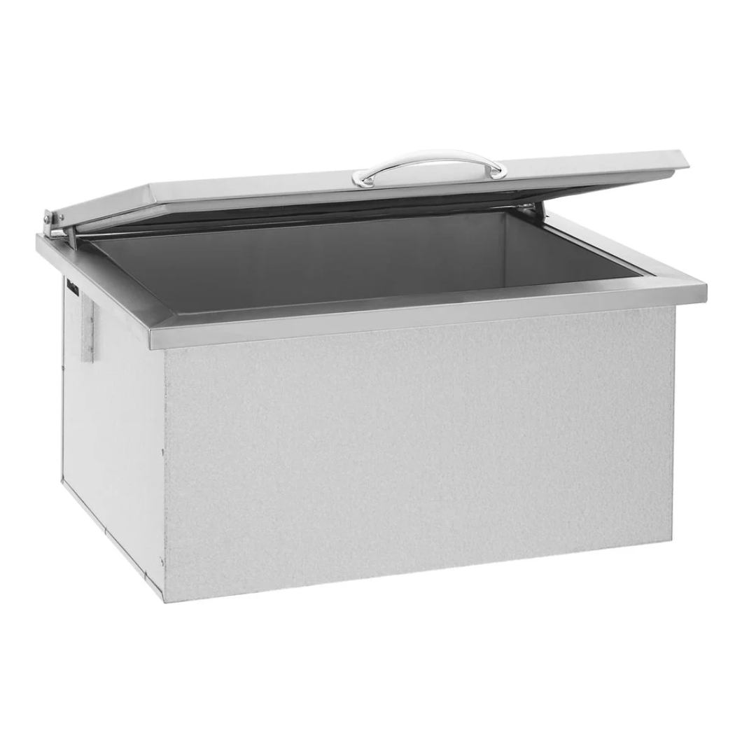 TF-IC-28-A 28-inch stainless steel drop-in outdoor ice chest with open hinged lid, flush-mount trim and insulated interior beverage cooler for outdoor kitchen bar