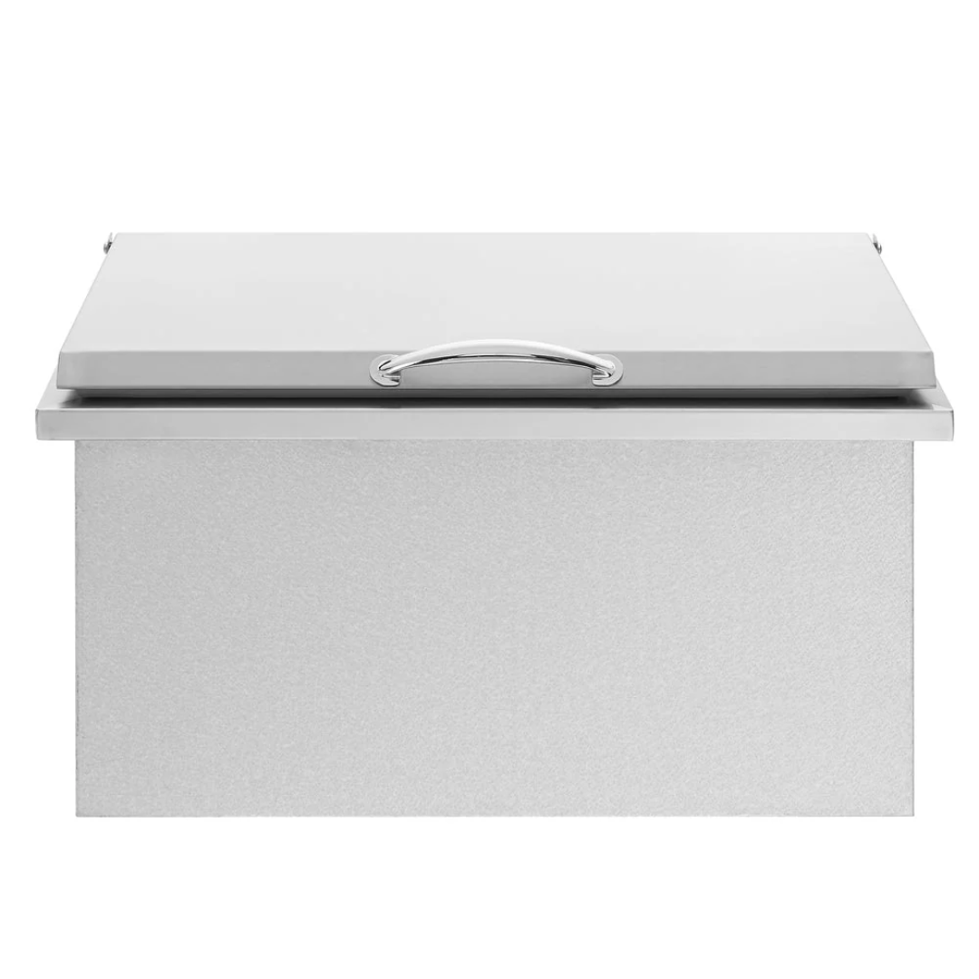 Trueflame TF-IC-28-A 28-inch built-in stainless steel outdoor ice chest cooler with hinged lid and polished handle for outdoor kitchen