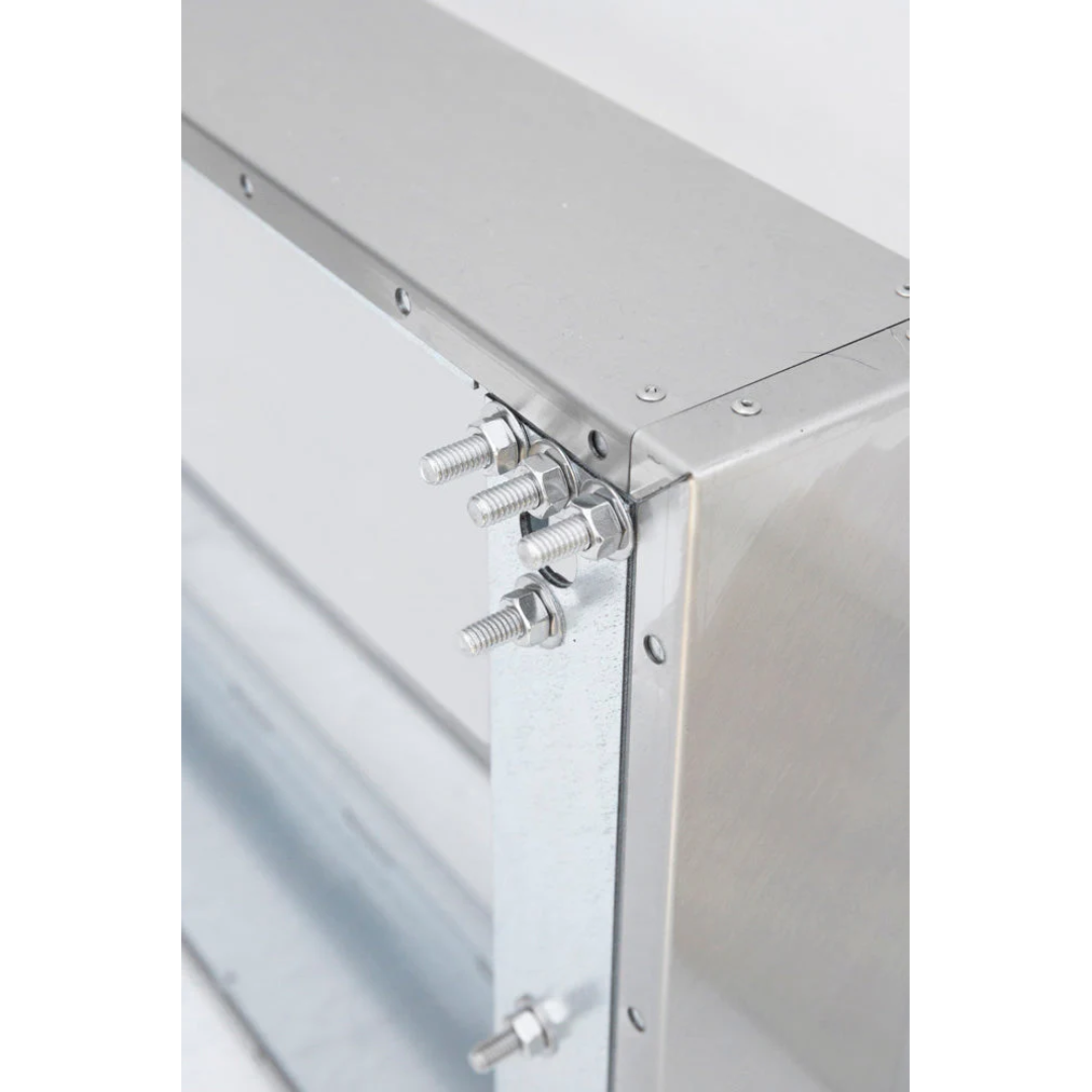 TF-VH-60-2-SP8 stainless steel vent hood corner close-up with galvanized mounting bracket and hex bolt fasteners for fireplace venting