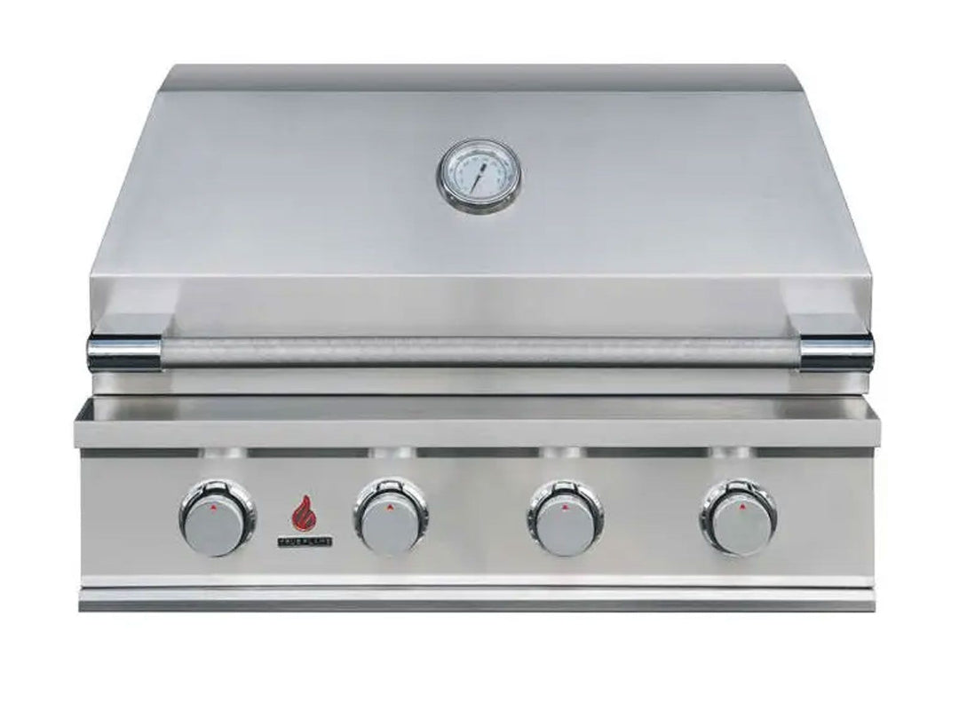 Trueflame TFE32 32-inch stainless steel built-in 4-burner gas grill head with lid thermometer and tubular handle for outdoor kitchen