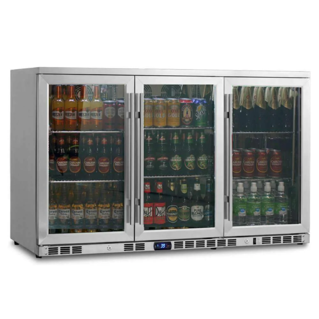 KBU328M triple-door stainless steel beverage refrigerator with glass doors, digital thermostat and adjustable shelves — commercial undercounter bar cooler stocked with beer and bottled drinks