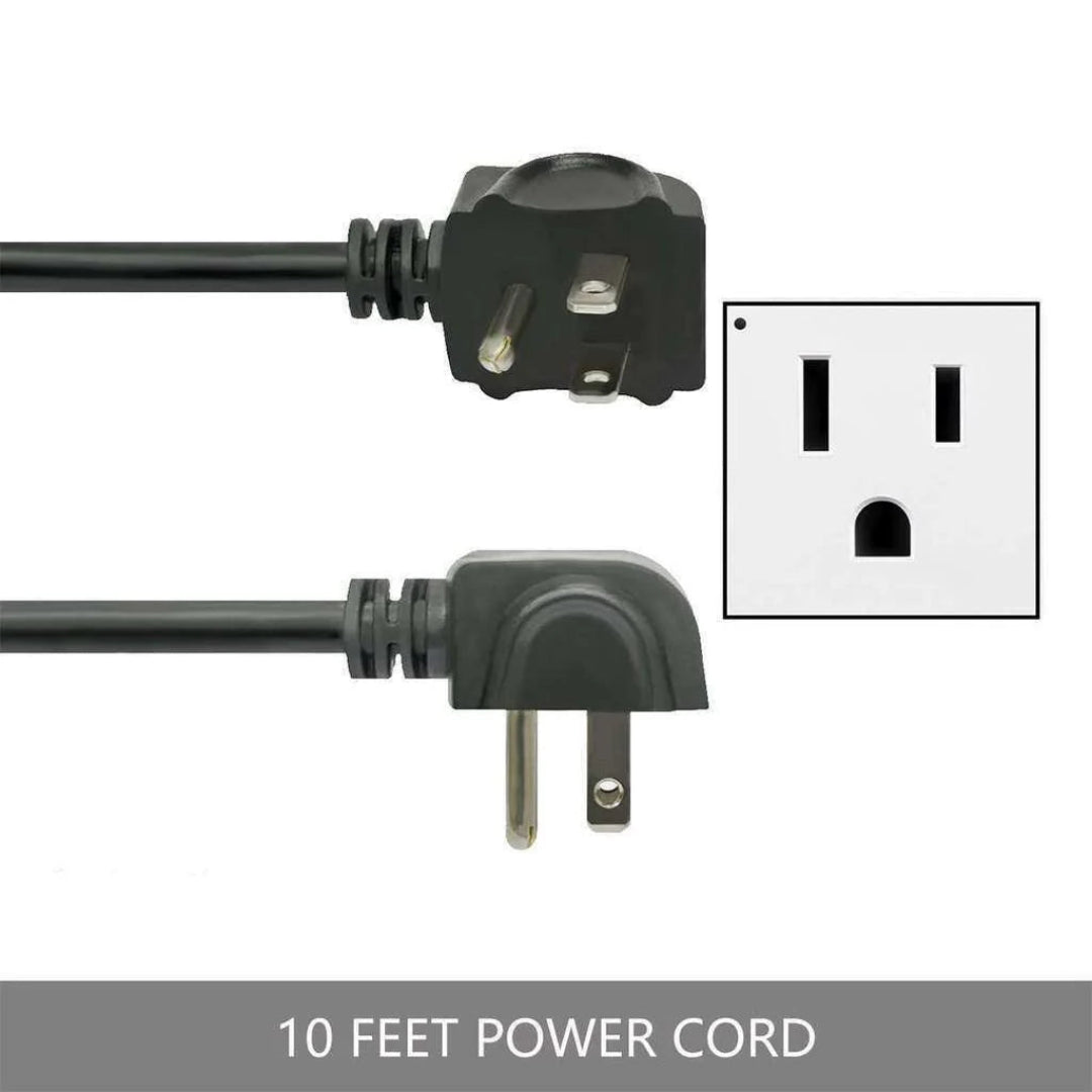 10-foot black right-angle grounded 3-prong NEMA 5-15P replacement power cord for electric fireplaces and plug-in heaters