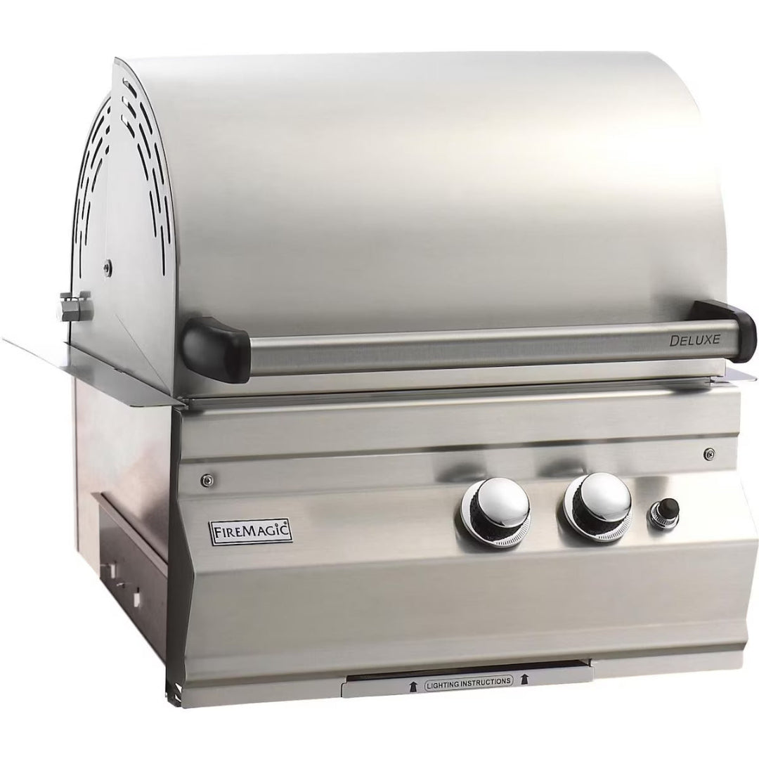 Fire Magic stainless steel built-in 2-burner gas grill head with Deluxe hood, control knobs and igniter, model 11-S1S1N-A