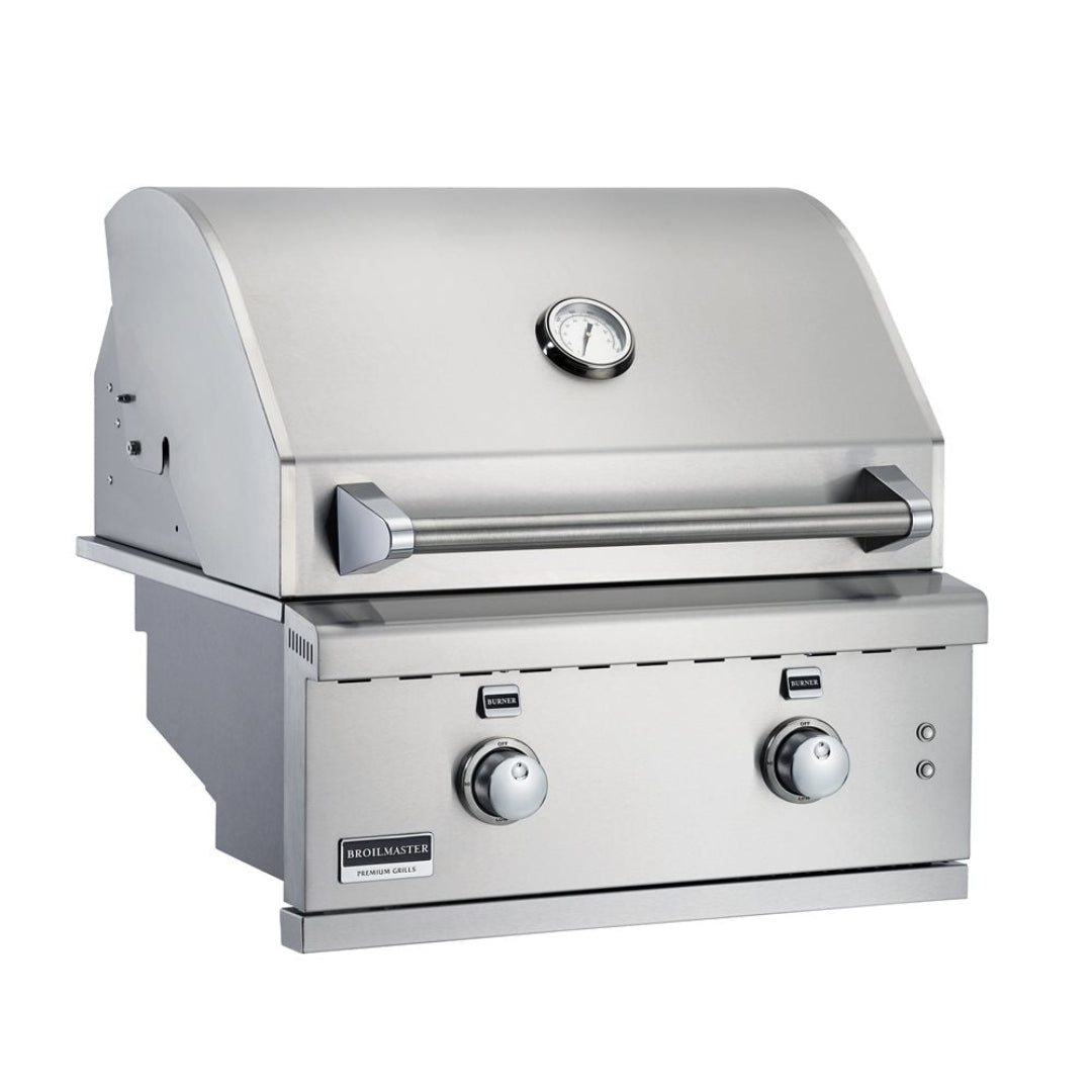 Broilmaster BSG262N2 stainless steel 2-burner built-in drop-in gas grill with hood thermometer, tubular handle and front control knobs for outdoor kitchen