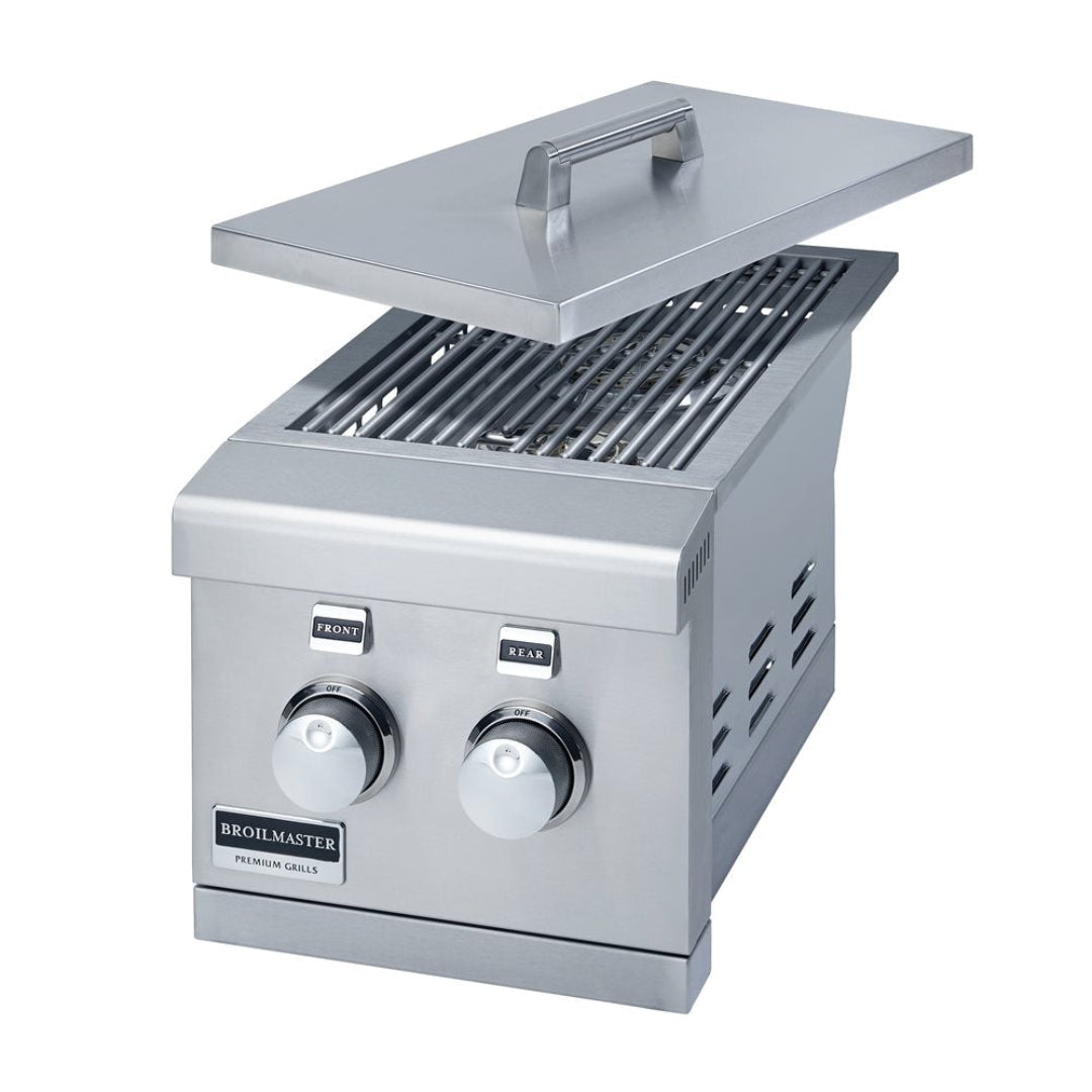 Broilmaster 12-inch stainless steel built-in two-burner gas grill insert with removable lid, stainless cooking grates and front/rear control knobs for outdoor kitchen