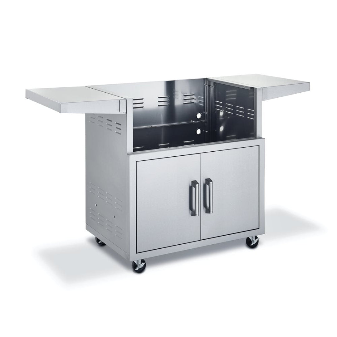 Vine & Flame stainless steel outdoor grill base cabinet cart BSACT341 with double-door storage, fold-down side shelves and caster wheels for built-in gas grill insert