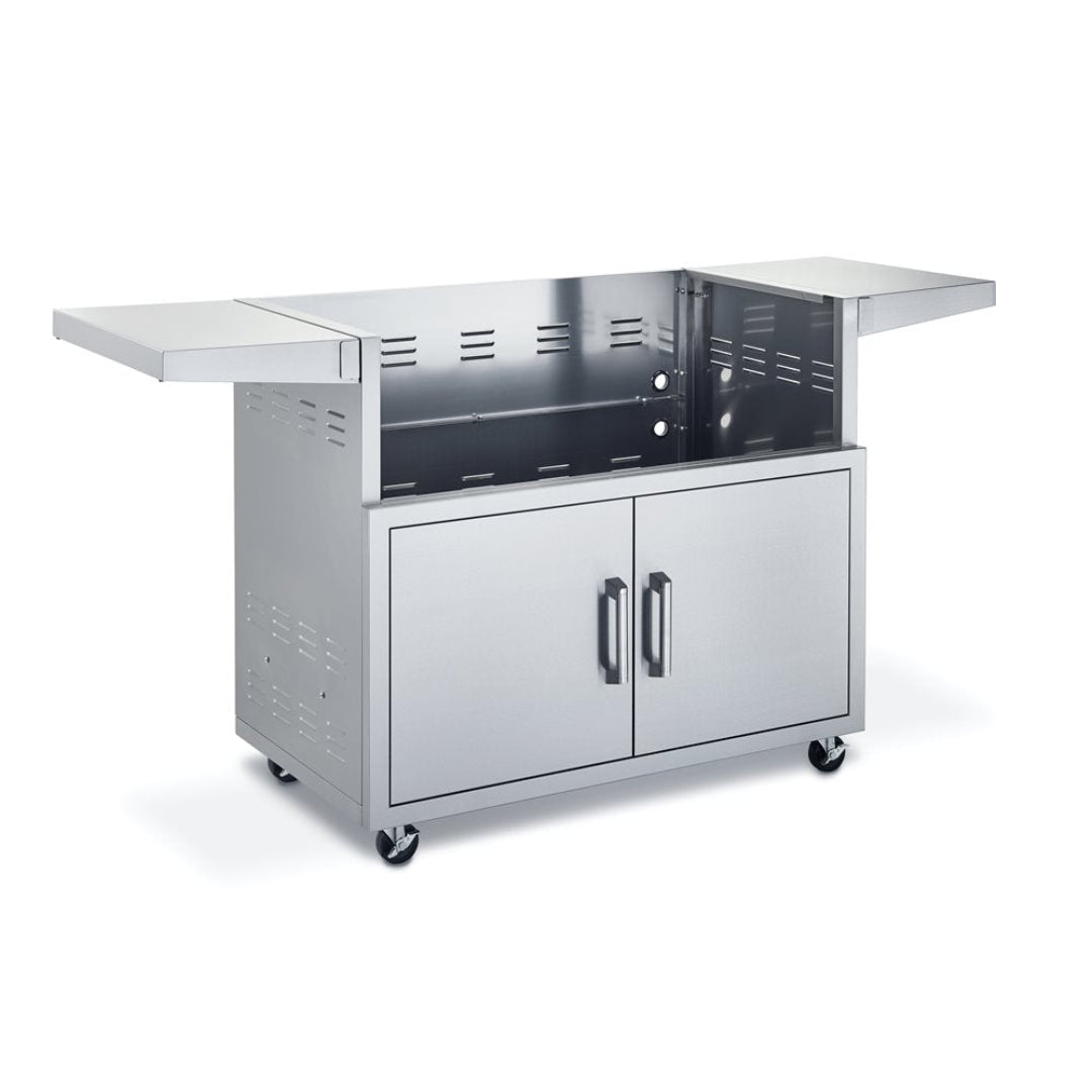 Broilmaster BSACT401 stainless steel outdoor BBQ grill cart cabinet on casters with fold-out side shelves, double-door storage and built-in grill insert space