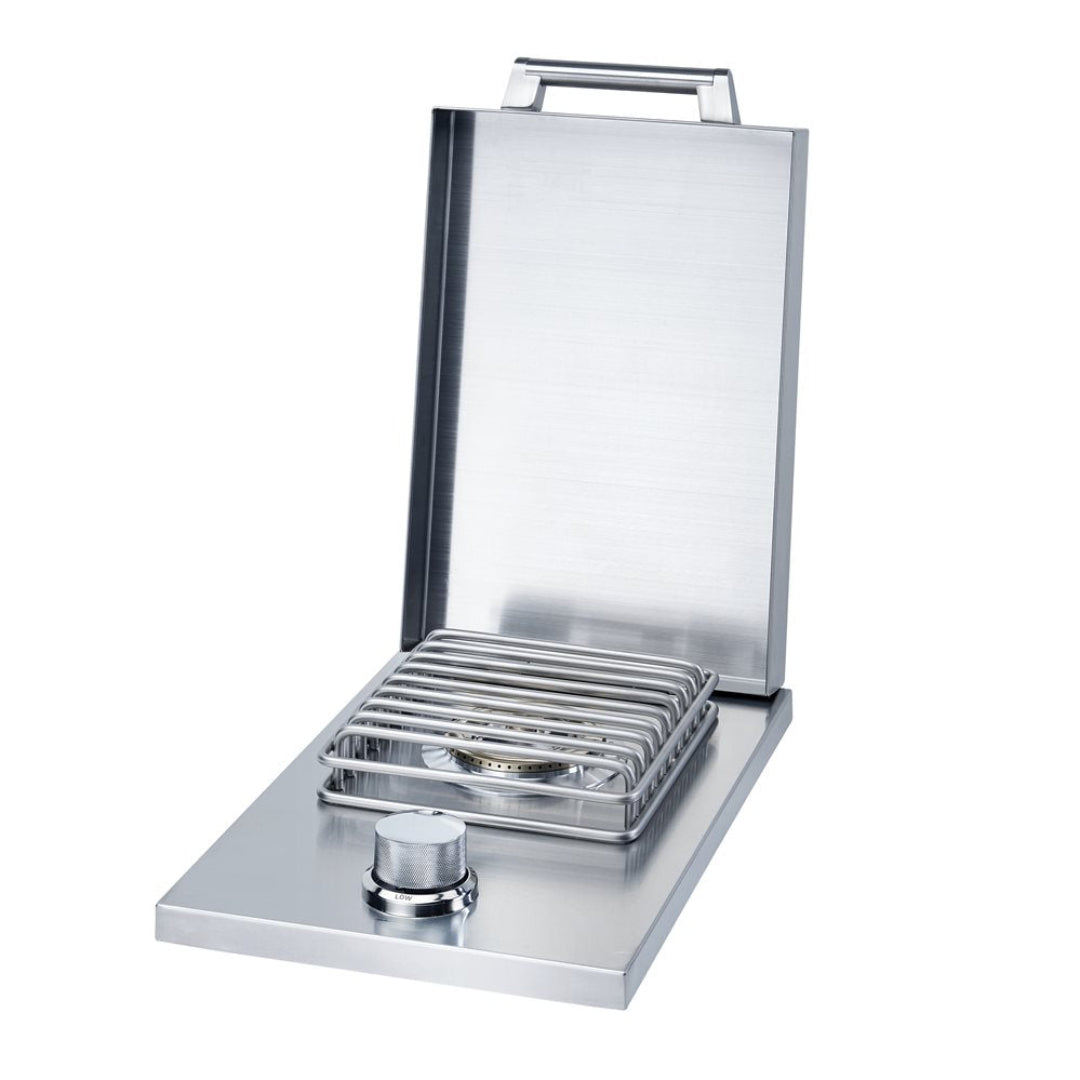 12-inch stainless steel built-in drop-in single-burner outdoor kitchen side burner BSAF12DN1 with hinged cover, tubular stainless grate and knurled control knob
