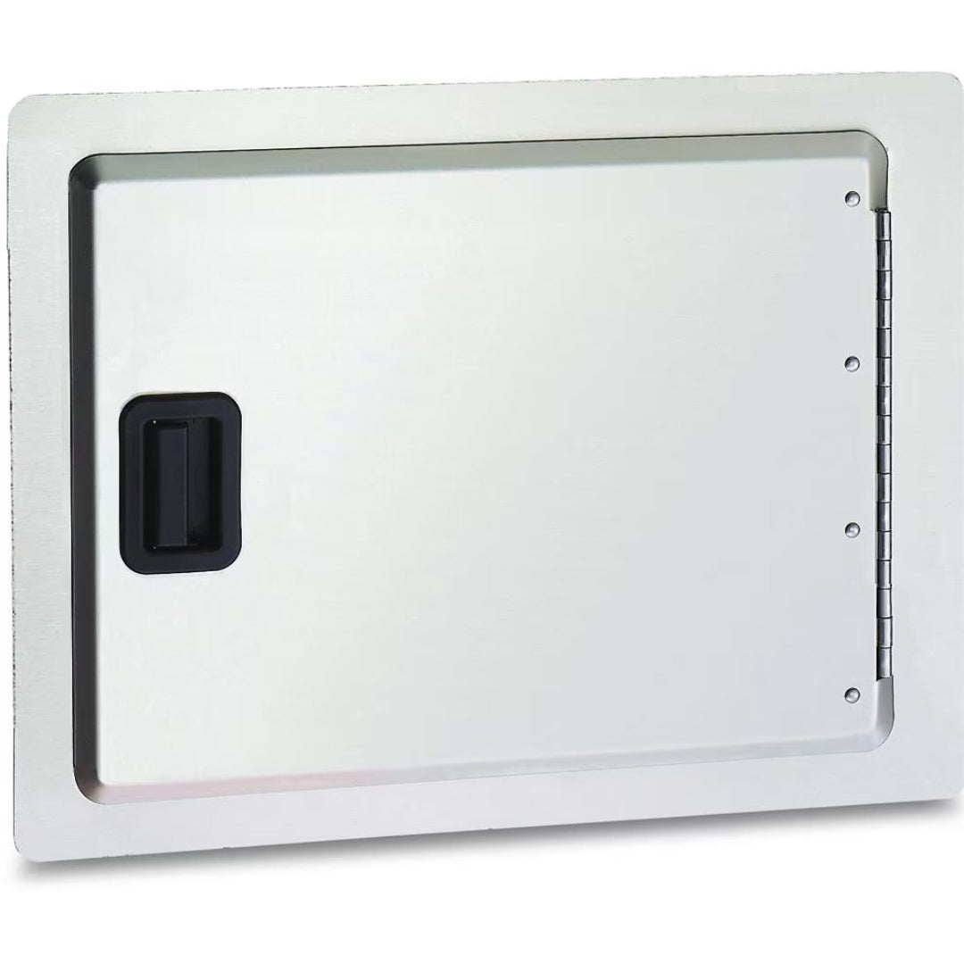 12x18 stainless steel outdoor kitchen access door, right-hinged single door with recessed black pull handle for grill island