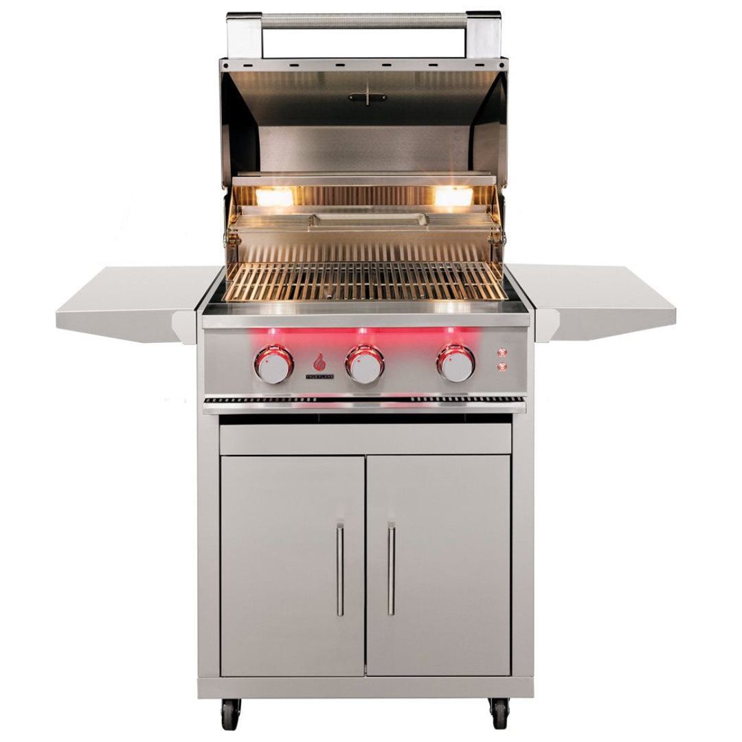 Trueflame TF-25DC stainless steel 3-burner outdoor gas grill cart with double-door storage cabinet, fold-down side shelves, built-in hood lights and caster wheels