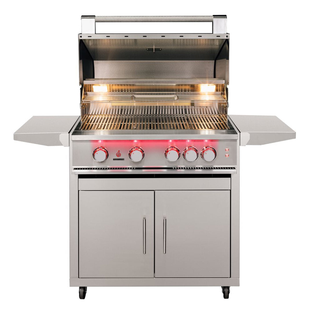 Trueflame Cart TF-32DC 32-inch stainless steel outdoor 4-burner grill cart with double-door storage cabinet, folding side shelves, LED illuminated knobs and casters