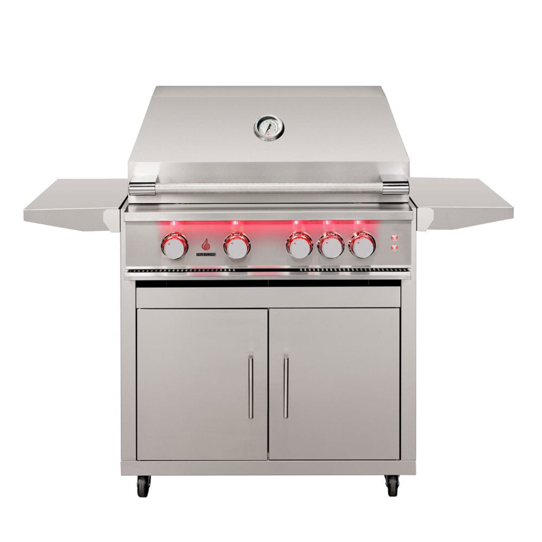 Trueflame cart stainless steel 4-burner gas grill cart with LED knobs, lid thermometer, side shelves, storage cabinet, wheels