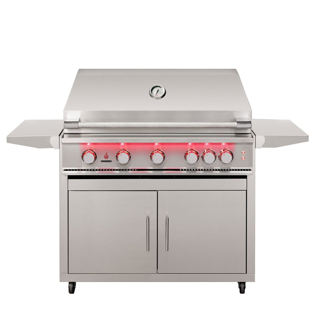 Trueflame TF-40DC 40-inch stainless steel freestanding gas grill cart with double-door storage cabinet, built-in lid thermometer, illuminated control knobs and folding side shelves