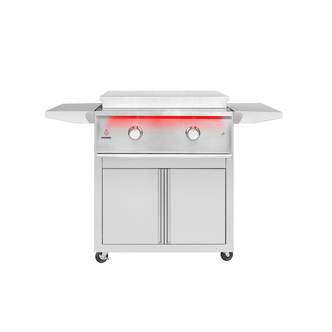 Trueflame 30-inch stainless steel two-burner gas flat-top griddle cart with folding side shelves, double-door storage cabinet and casters
