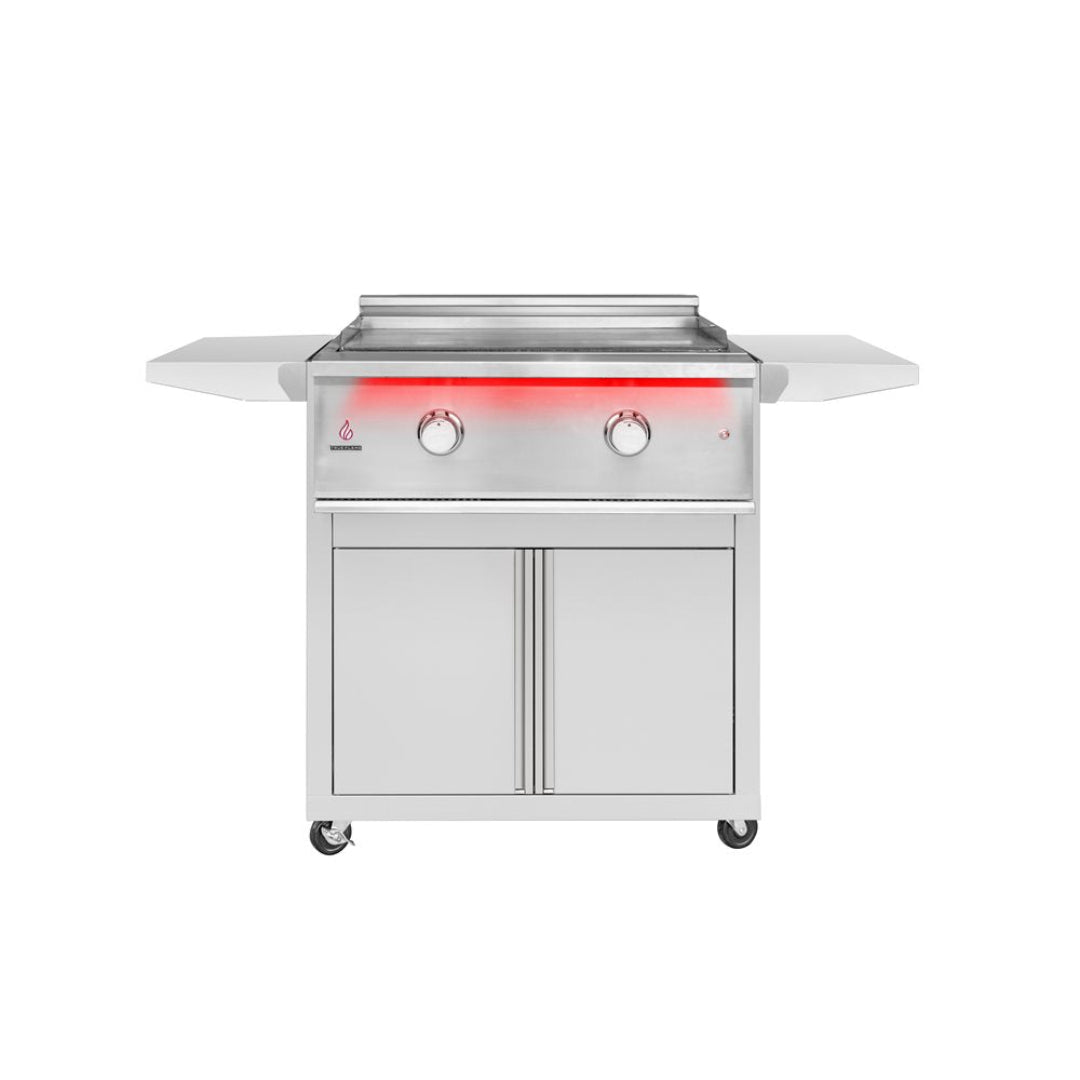 Trueflame 30-inch stainless steel outdoor flat top griddle cart with two control knobs, double-door storage cabinet, folding side shelves and casters