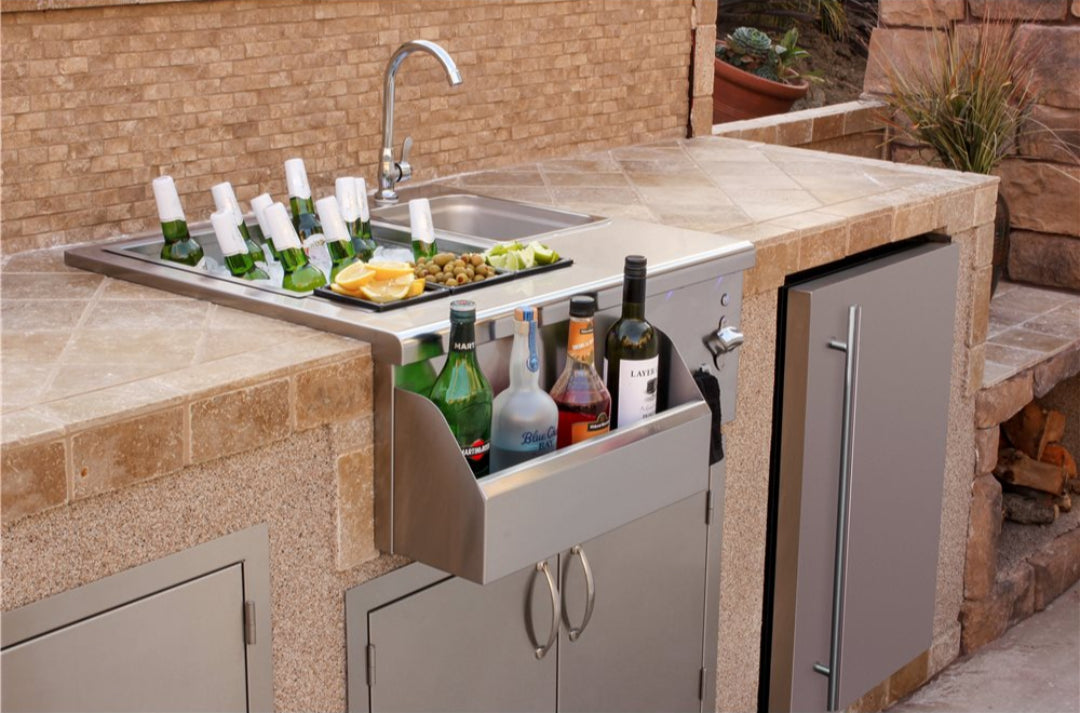 Trueflame TF-BC-30L 30-inch stainless steel built-in outdoor bar sink with integrated ice bin, pull-out bottle drawer and faucet