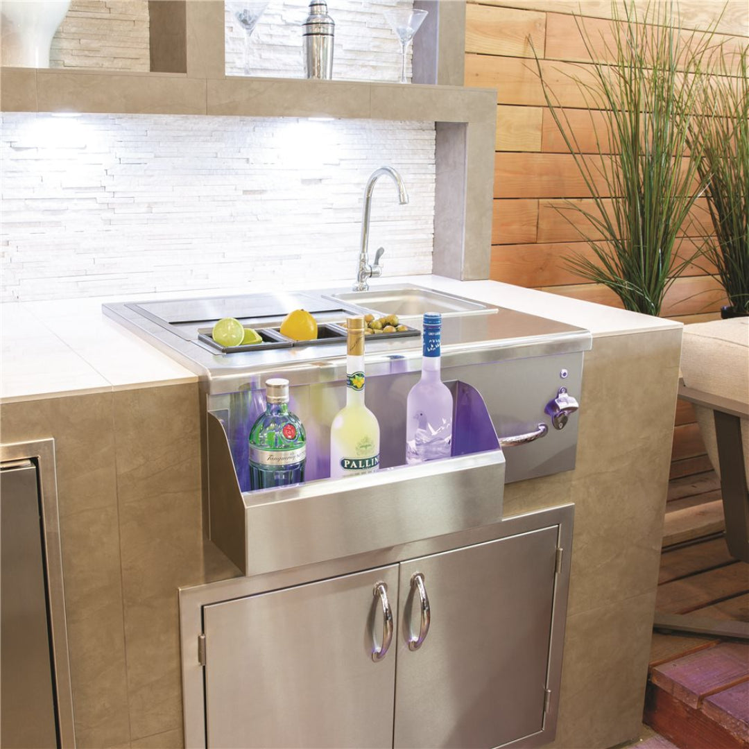 125-TF-BC-30L stainless steel built-in outdoor beverage center with integrated ice bin, sink and faucet, side bottle opener and double-door storage cabinet