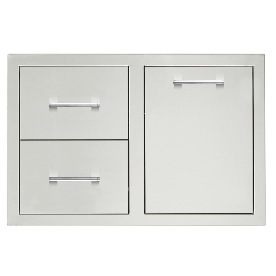 Trueflame TF-DC2-33 stainless steel outdoor kitchen cabinet combo with two stacked drawers left and single access door right, 33-inch built-in grill island storage with tubular bar handles