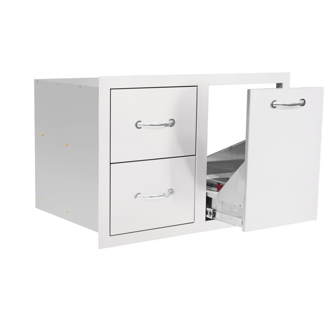 Trueflame TF-DC2-33LP white stainless steel outdoor kitchen cabinet with two storage drawers and right tilt-out pull-out trash bin, chrome handles