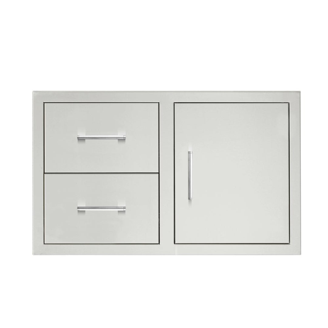 Trueflame DC2-36 36-inch stainless steel outdoor kitchen built-in drawer and door combo with two stacked drawers left and single access door right, bar handles