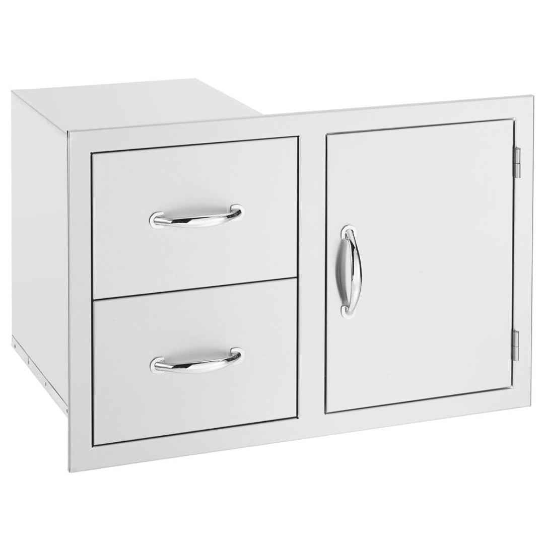 tf-dc2-42-2 stainless steel outdoor kitchen access cabinet with two stacked drawers and single hinged door, chrome pull handles for built-in grill island storage