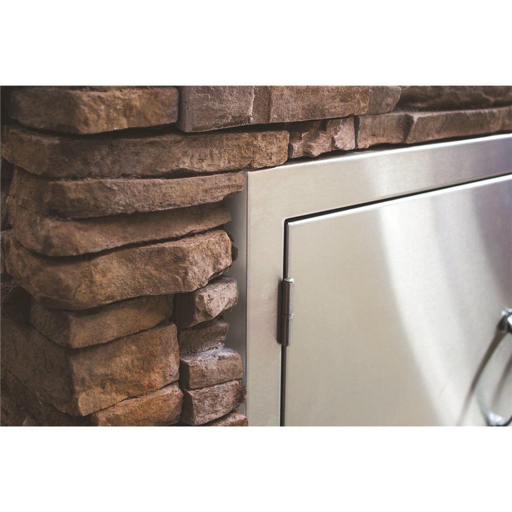 Vine & Flame 125-TF-DH-27M stainless steel outdoor kitchen access door for built-in grill island, side-hinged flush frame installed in stacked stone veneer
