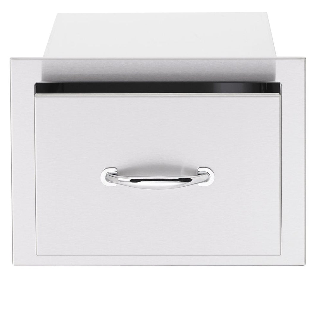 Trueflame 17-inch stainless steel built-in outdoor kitchen trash drawer TF-DR1 flush-mount pull-out waste bin with polished chrome handle