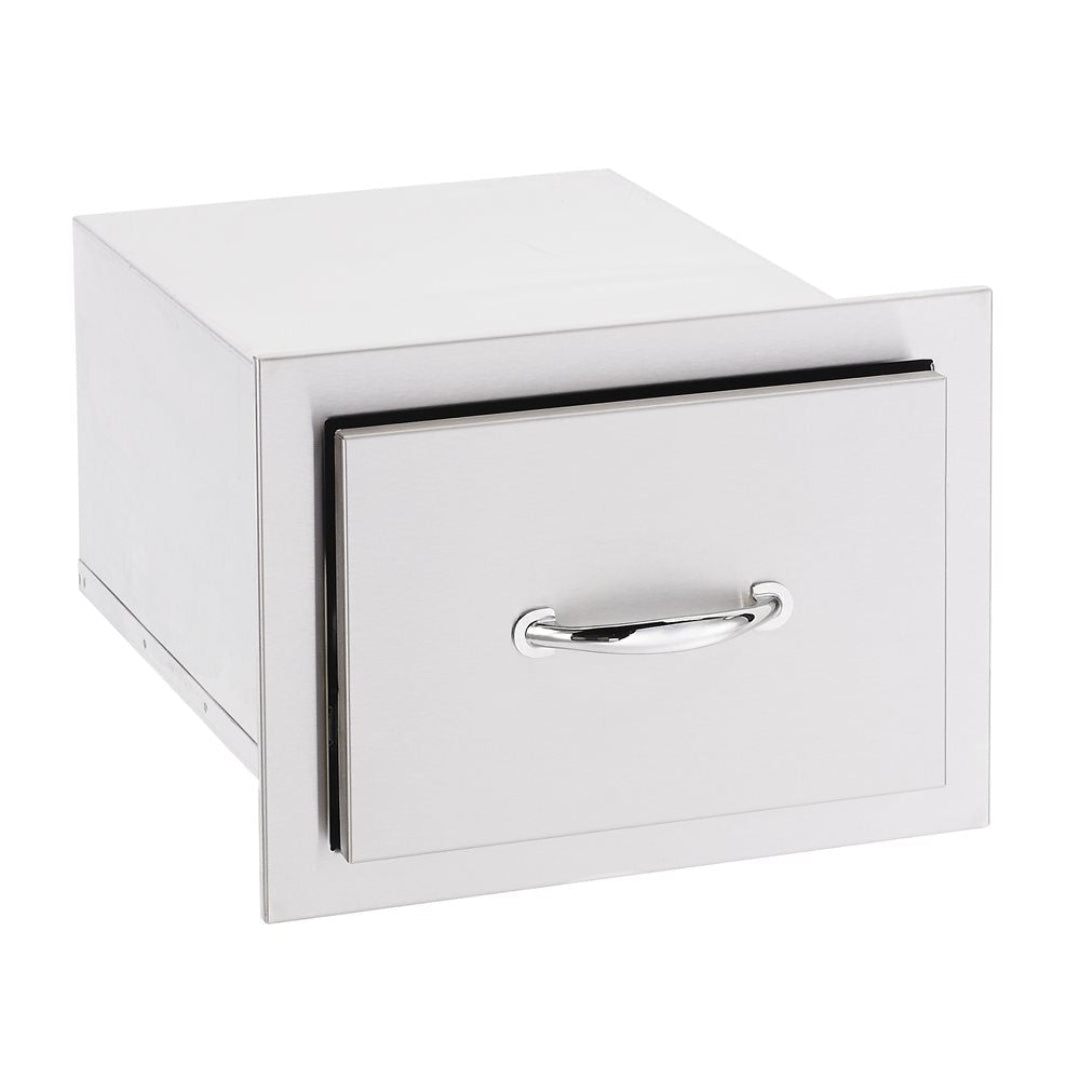Trueflame DR1-17 17-inch stainless steel built-in outdoor trash drawer with chrome pull handle for grill islands and outdoor kitchens