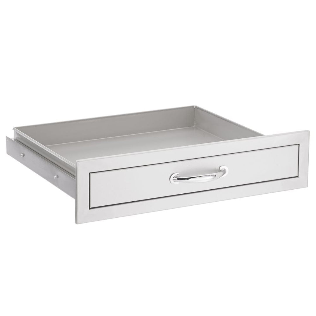 Trueflame 26-inch stainless steel pull-out storage drawer with chrome handle for built-in outdoor kitchen grill island