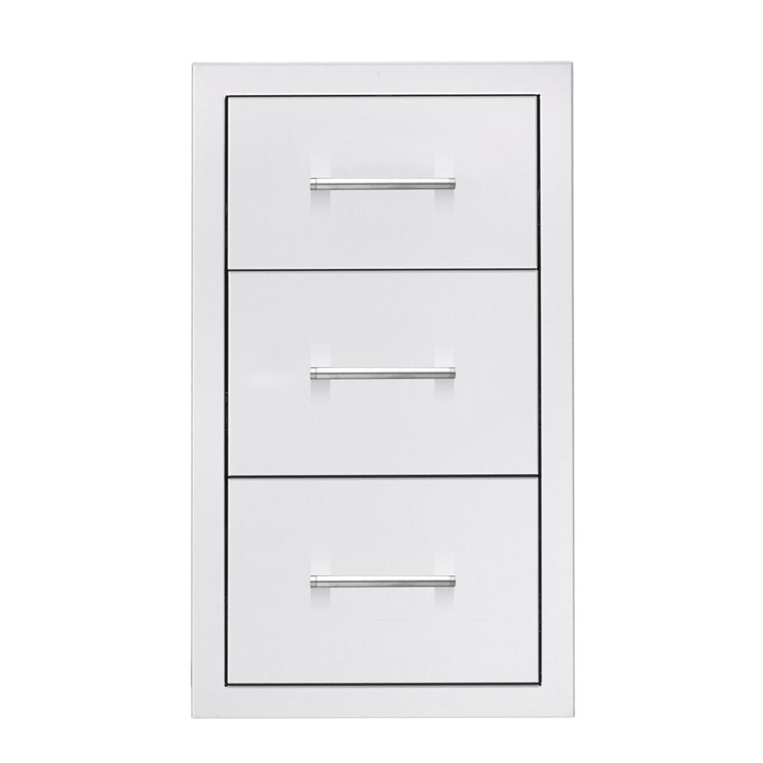 Trueflame TF-DR3 3-drawer built-in outdoor kitchen cabinet module, white front with brushed stainless steel bar handles