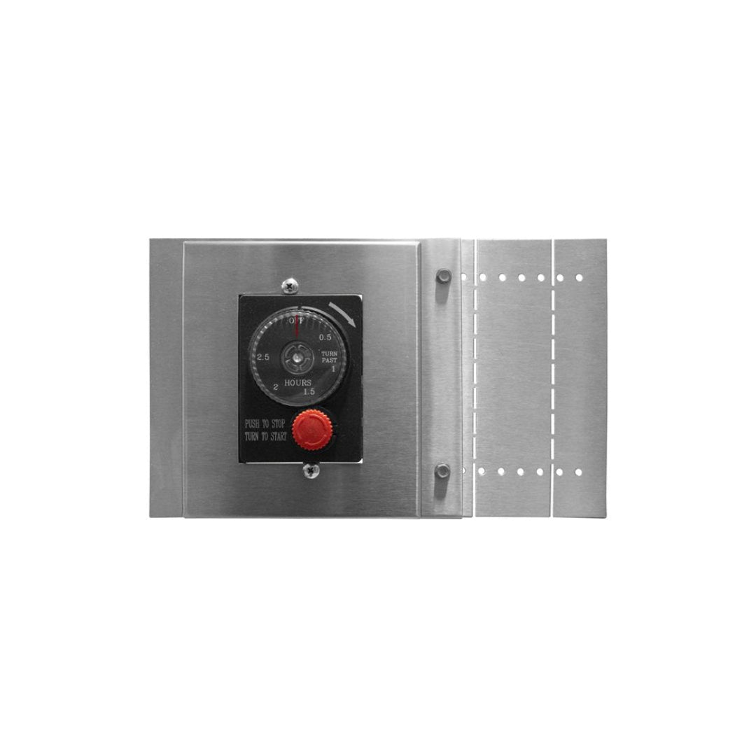 125-TF E-Stop control panel kit stainless steel mounting plate with mechanical hours timer (up to 2.5 hrs) and red emergency stop push button for outdoor gas torch and fire pit control