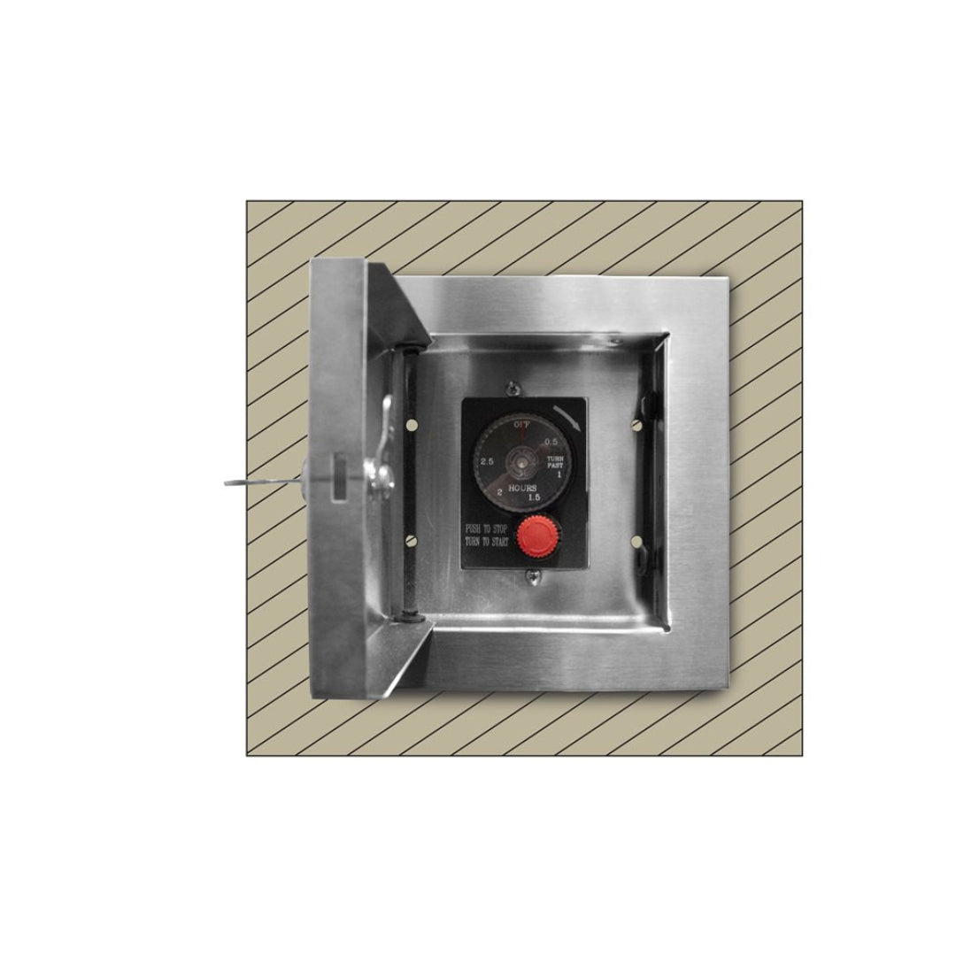 125 TF E-Stop LC recessed stainless steel emergency stop and mechanical timer kit for gas fire pits and outdoor fireplaces with push-to-stop red knob and lockable hinged access door
